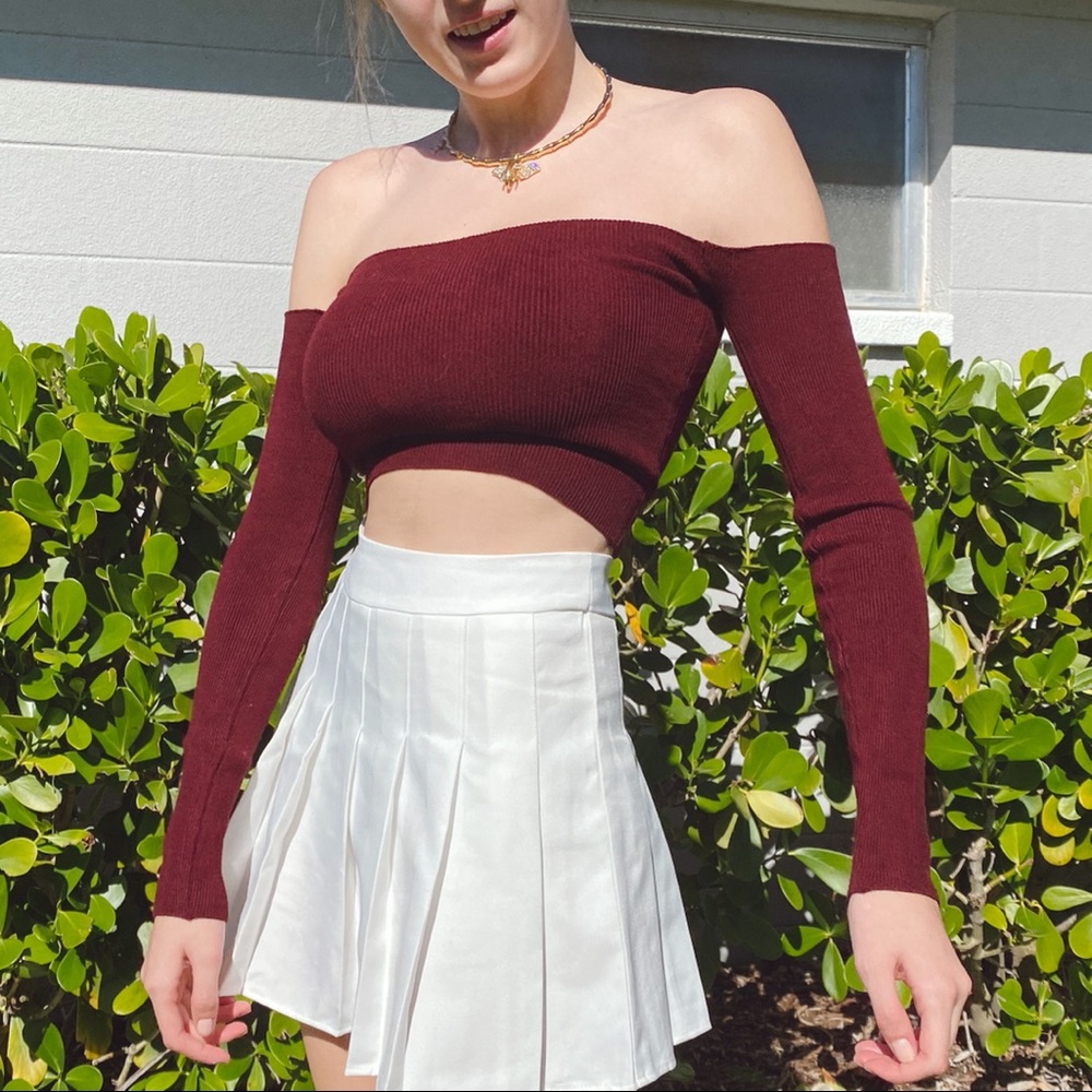 Forever 21 Burgundy off the shoulder crop top